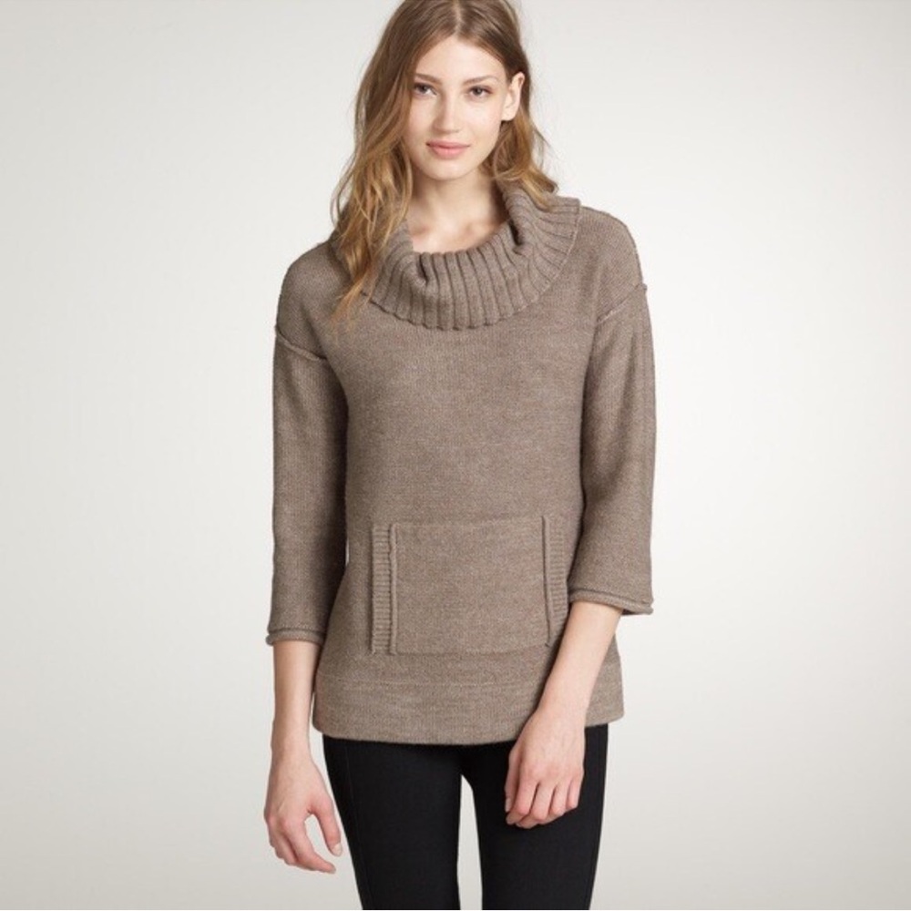 J. Crew women’s Taupe Cowl Neck kangaroo pocket 1/2 sleeves M wool blend Sweater